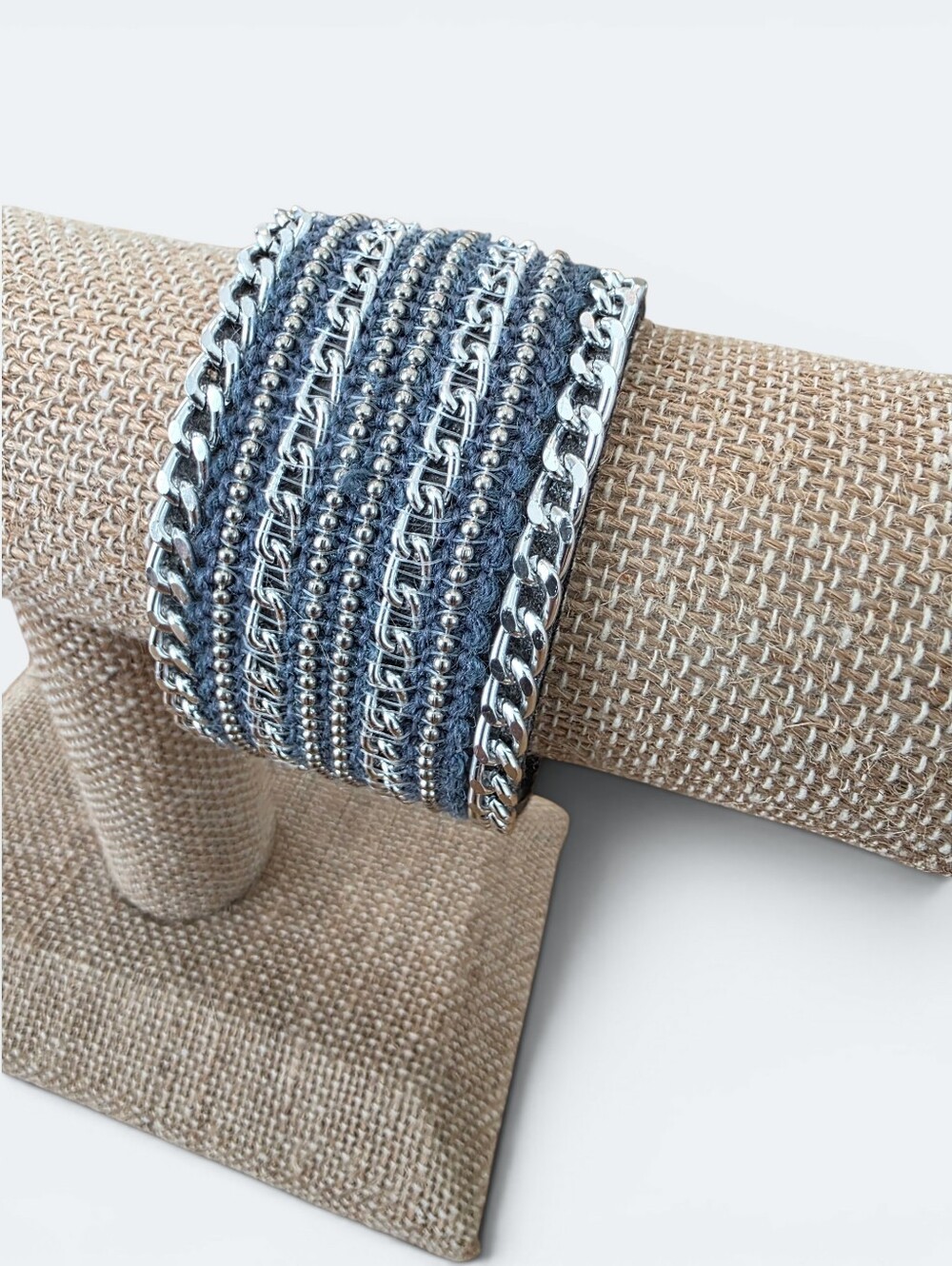 Silver Curb Chain & Blue Woven Fabric Magnetic Cuff Bracelet Boho